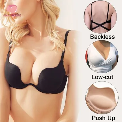 W Cup Deep V Low Cut Push Up Women Sexy Seamless Bra Backless Invisible Plunge  Bra New