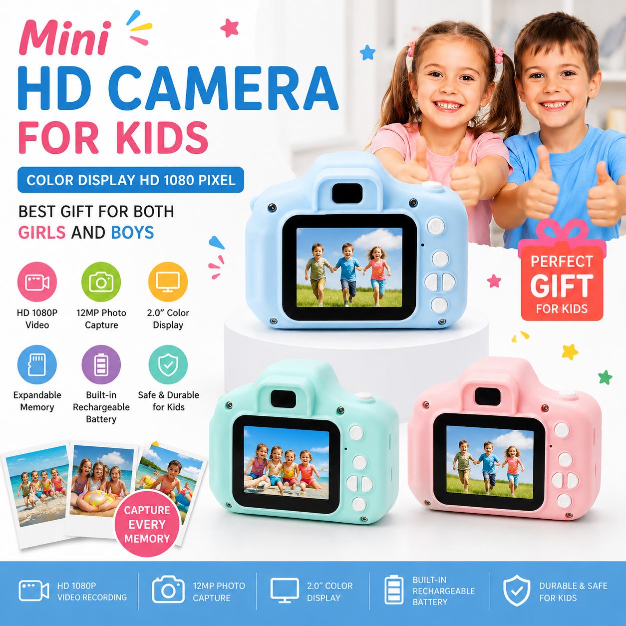 Mini HD Camera for Kids 1080P Digital Camera with Color Display Screen Rechargeable Battery Photo & Video Recording Educational Toy Camera Birthday Gift for Girls Boys Princess Pink Royal Blue Emerald Mint Green