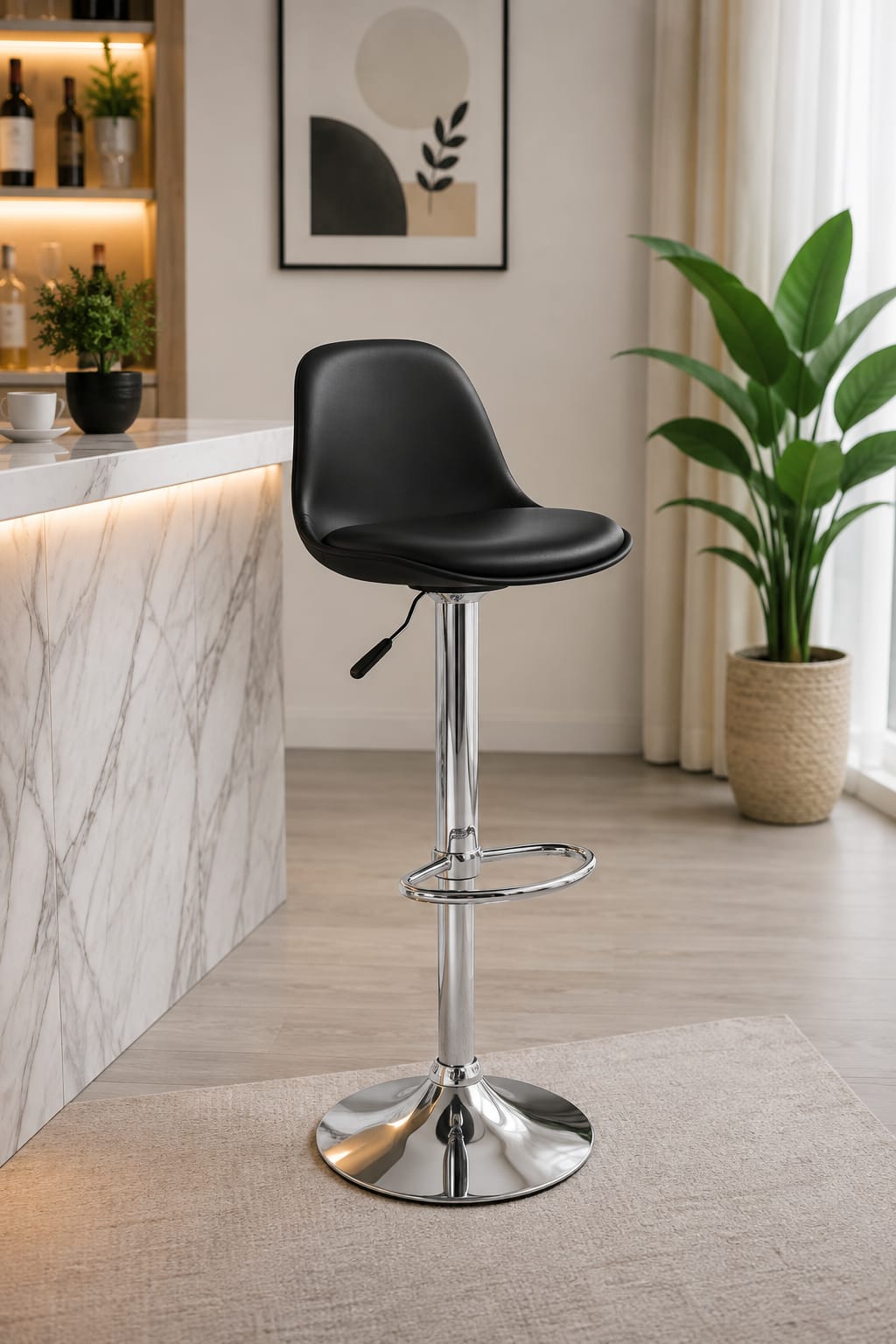 Modern Adjustable Bar stool- PU Leather Seat Chrome Base | Kitchen &counter stool