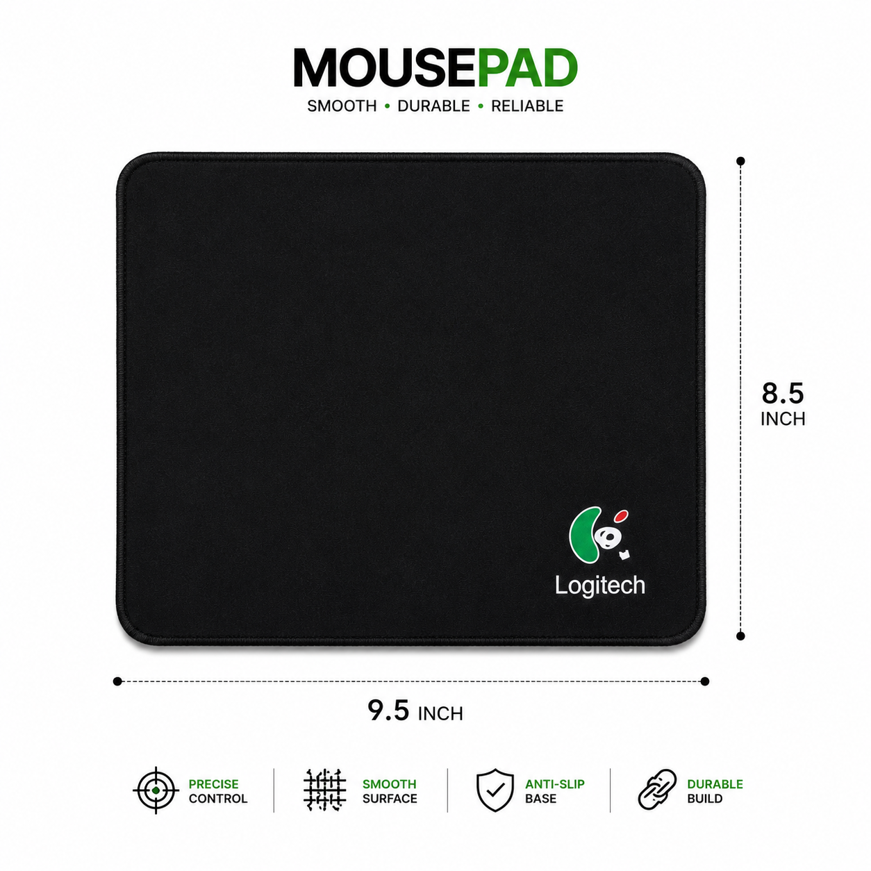 Black Mousepad for Laptop & Computer | Non-Slip Rubber Base | Smooth Surface for Gaming & Office Use