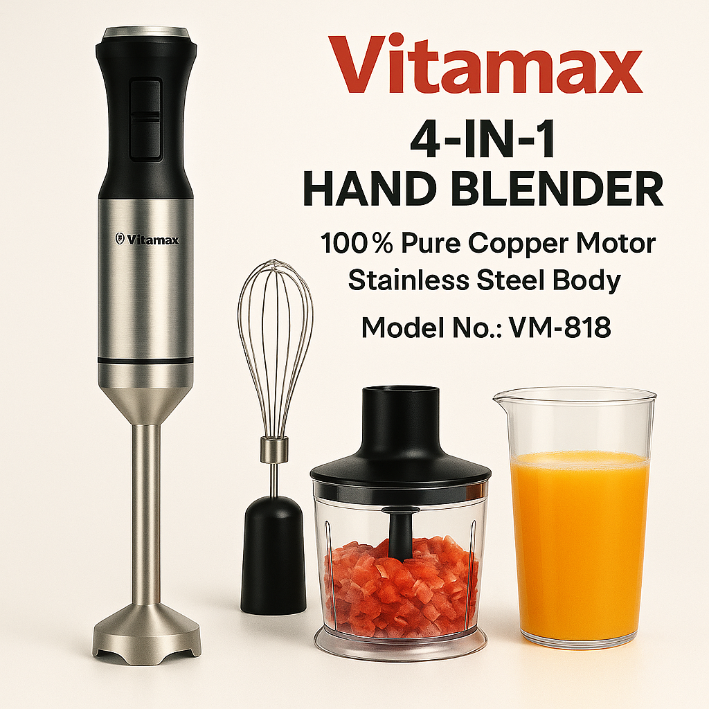 Vitamax 4 in 1 Hand Blender Machine 1000W Powerful Motor 12-Speed Immersion Blender with Egg Beater Milk Frother, Chopper juicermachine 100% Copper Motor | 4 Blades | Chopper + Whisk + Measuring Cup | Hand Mixer for Kitchen Use – Model VM-818