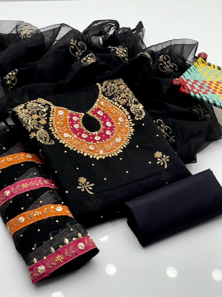 New Fancy Organza Unstitched Wedding Dress for Women – Organza Work Shirt, Organza Booti Work Dupatta, and Katan Silk Trouser