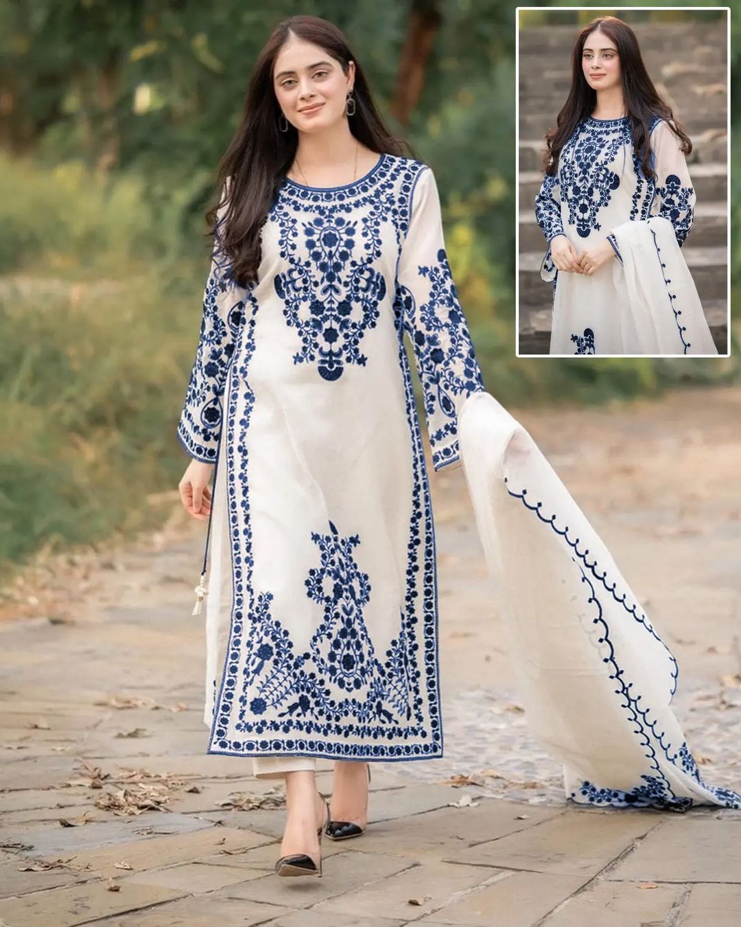 3Pc Party Wear Embroidered Suit For Women Summer Cotton Silk Fabric Wedding Formal Style Multiple Color