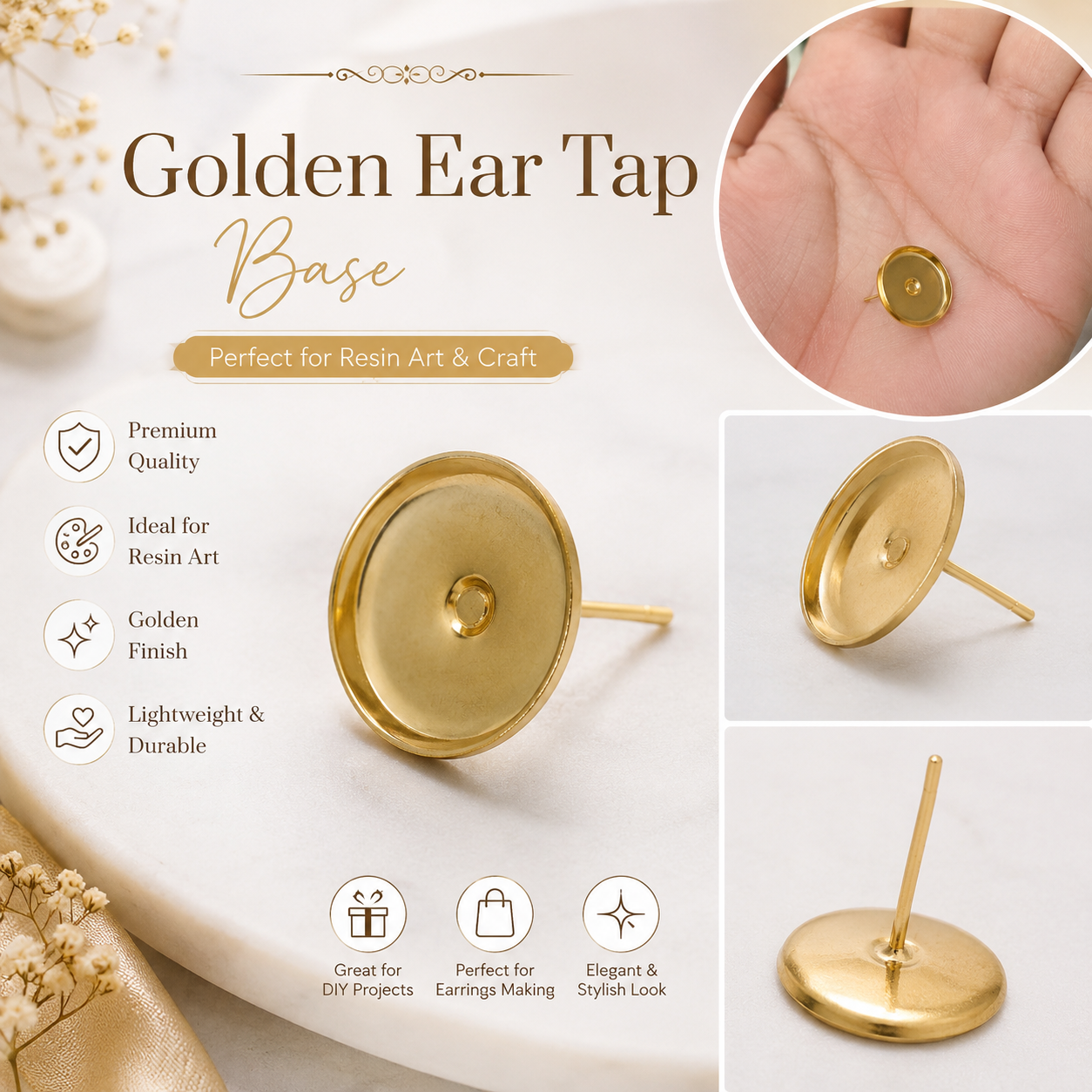 15mm Golden Earring Stud Base Tray | Resin Art Earrings Base | Stainless Steel Ear Stud Findings | DIY Jewelry Making Supplies | Round Cabochon Setting Blank | Golden Earring Post for Resin Craft