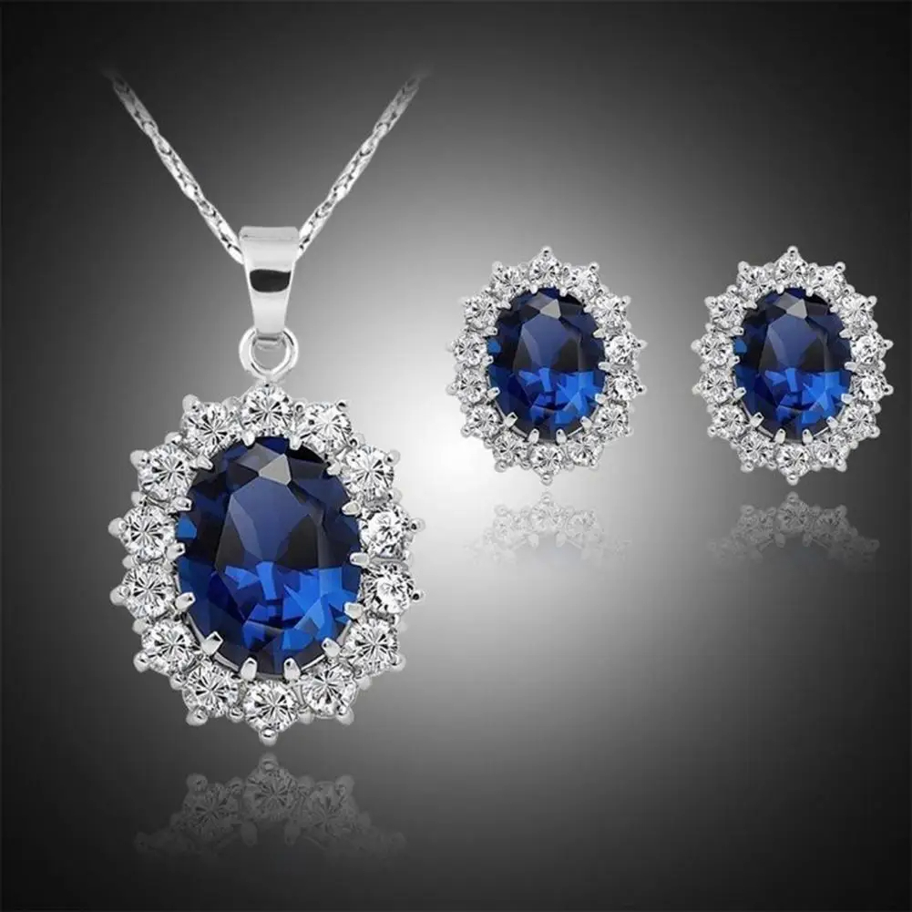 Royal Blue Crystal Stone Jewelry Set For Women Wedding Brides Necklace Set African style Oval Flower Design Shiny Cubic Zircon Plated