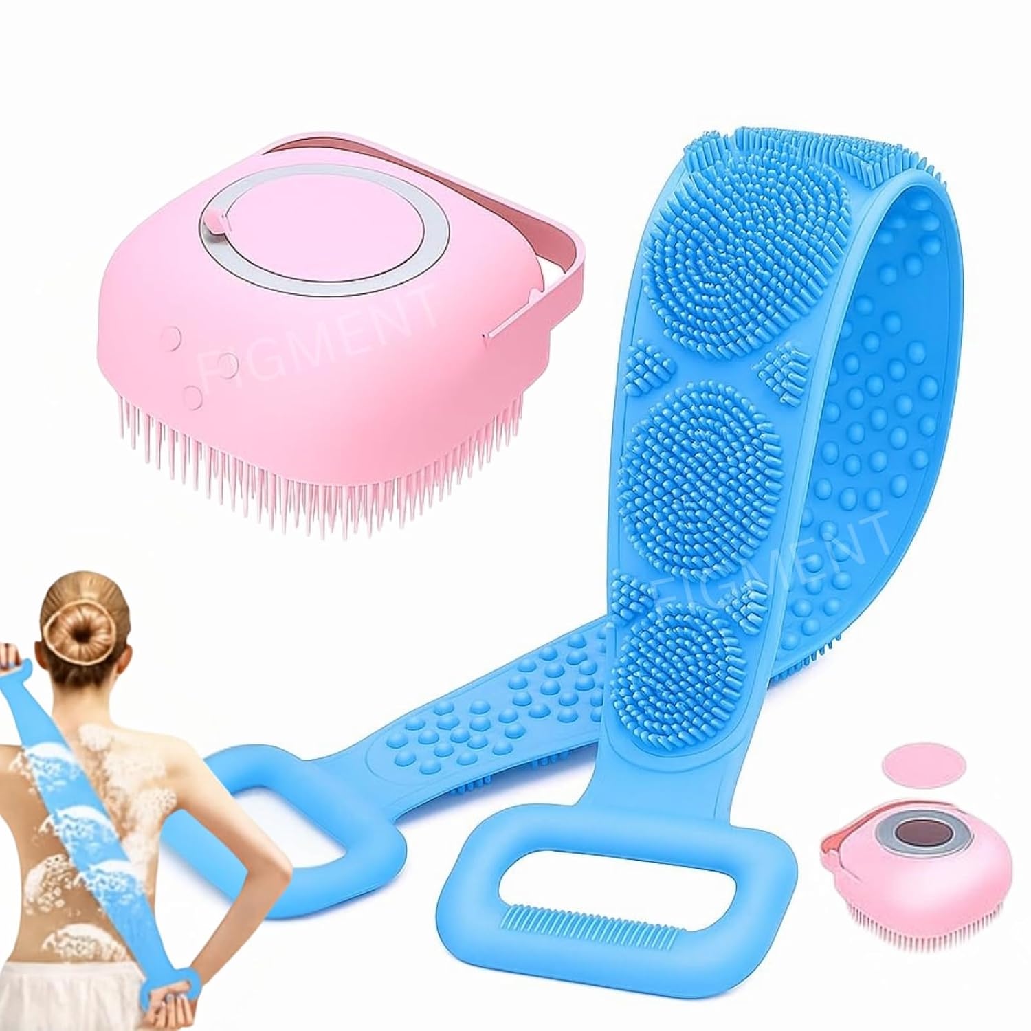 2 pcs Combo Silicone Body Massage Bath Brush with Soap Dispenser and Silicon Body Back Scrubber & Massager for Deep Cleaning, Exfoliating& Massaging Hair Scalp & Body (Multicolor)