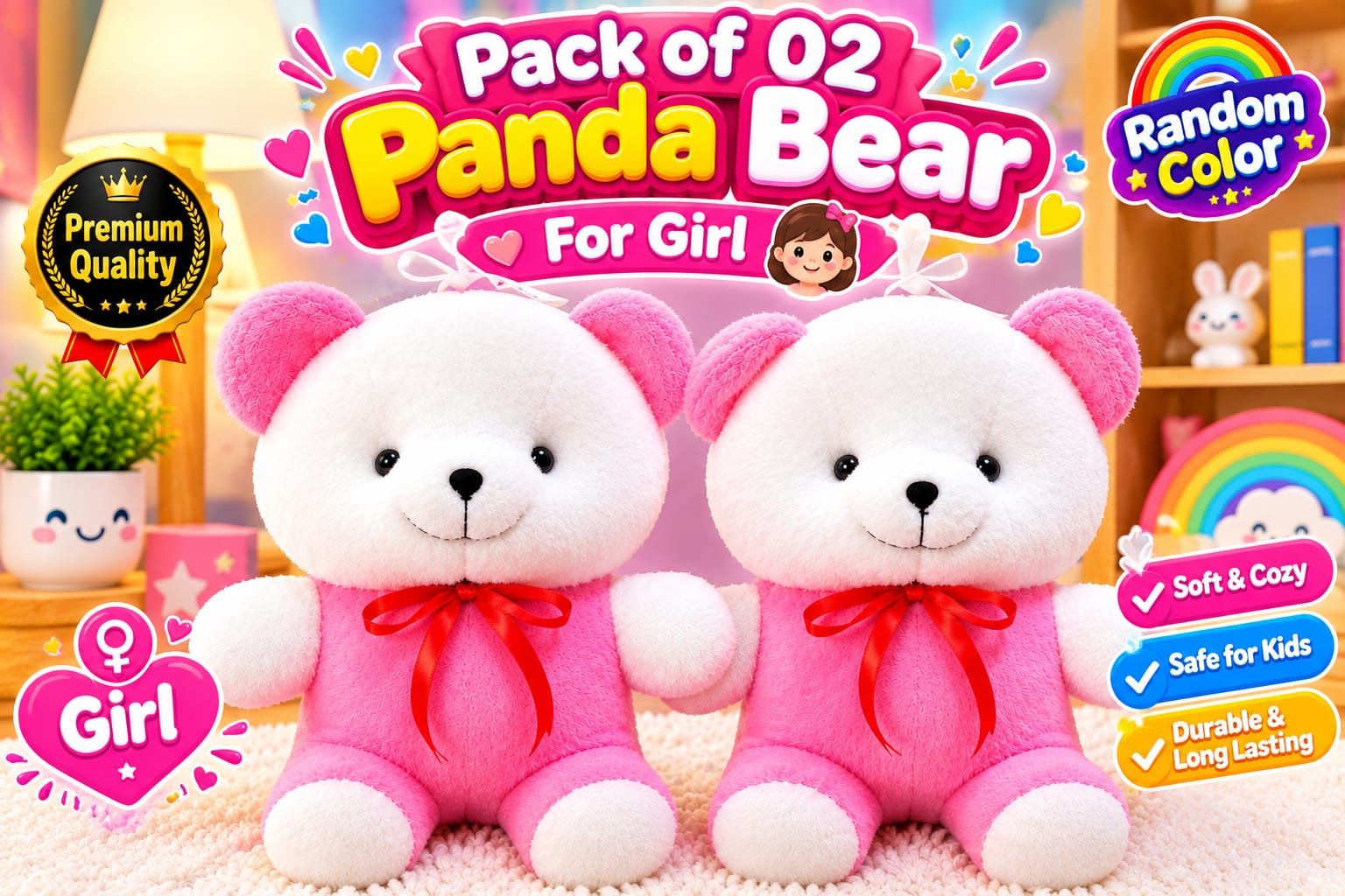 (PK OF 01 & 02) 10 Inch Teddy Bear, Panda Bear and Doll  Pink,Red, Blue and Yellow colour available Plush Stuffed Animal: Adorable Small Baby Bear Plush Toy - Perfect Gift for Kids, Boys, and Girls Discount only for limited time