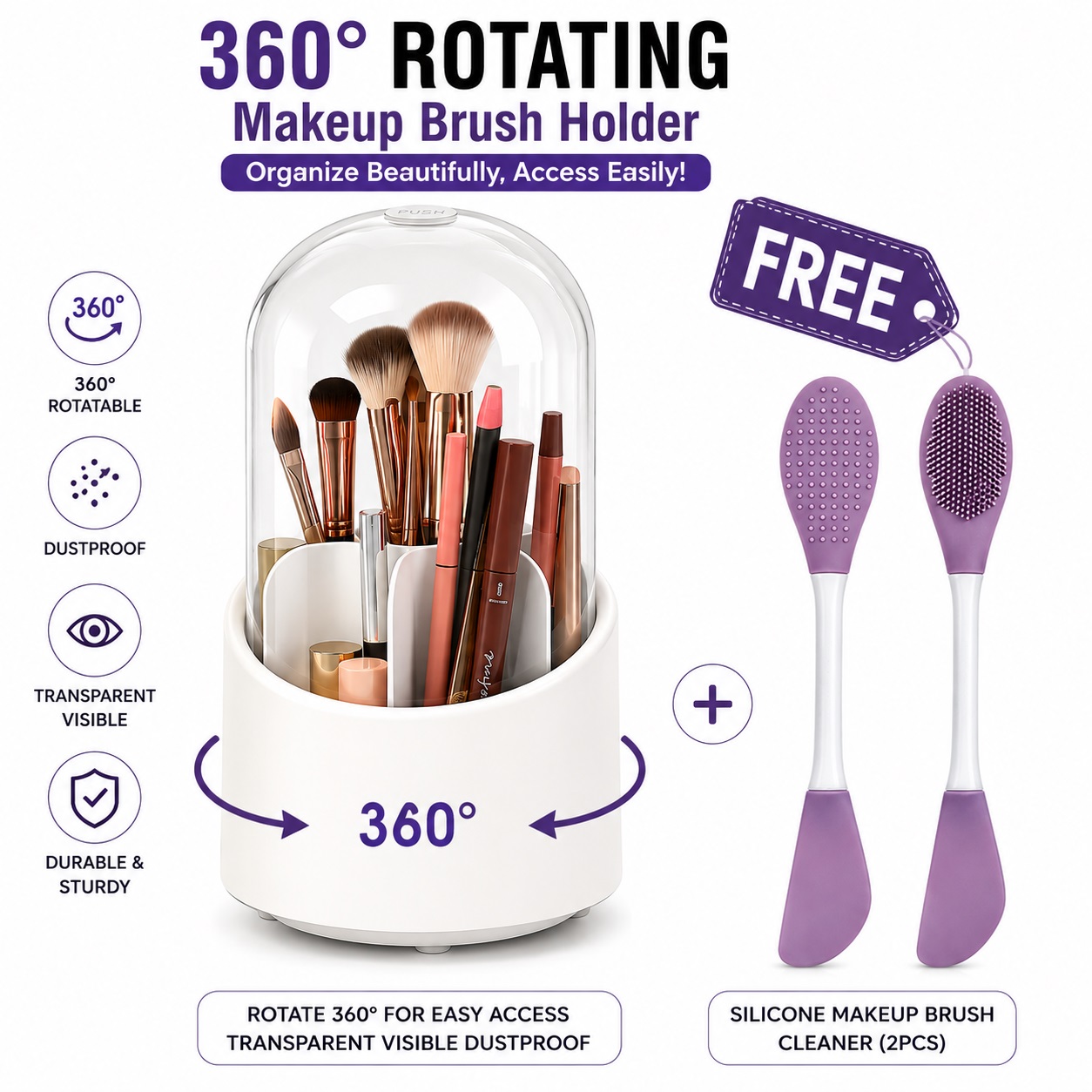 Elegant 360° Rotating Makeup Organizer with Clear Lid, Multi-Compartment Cosmetic Storage Case