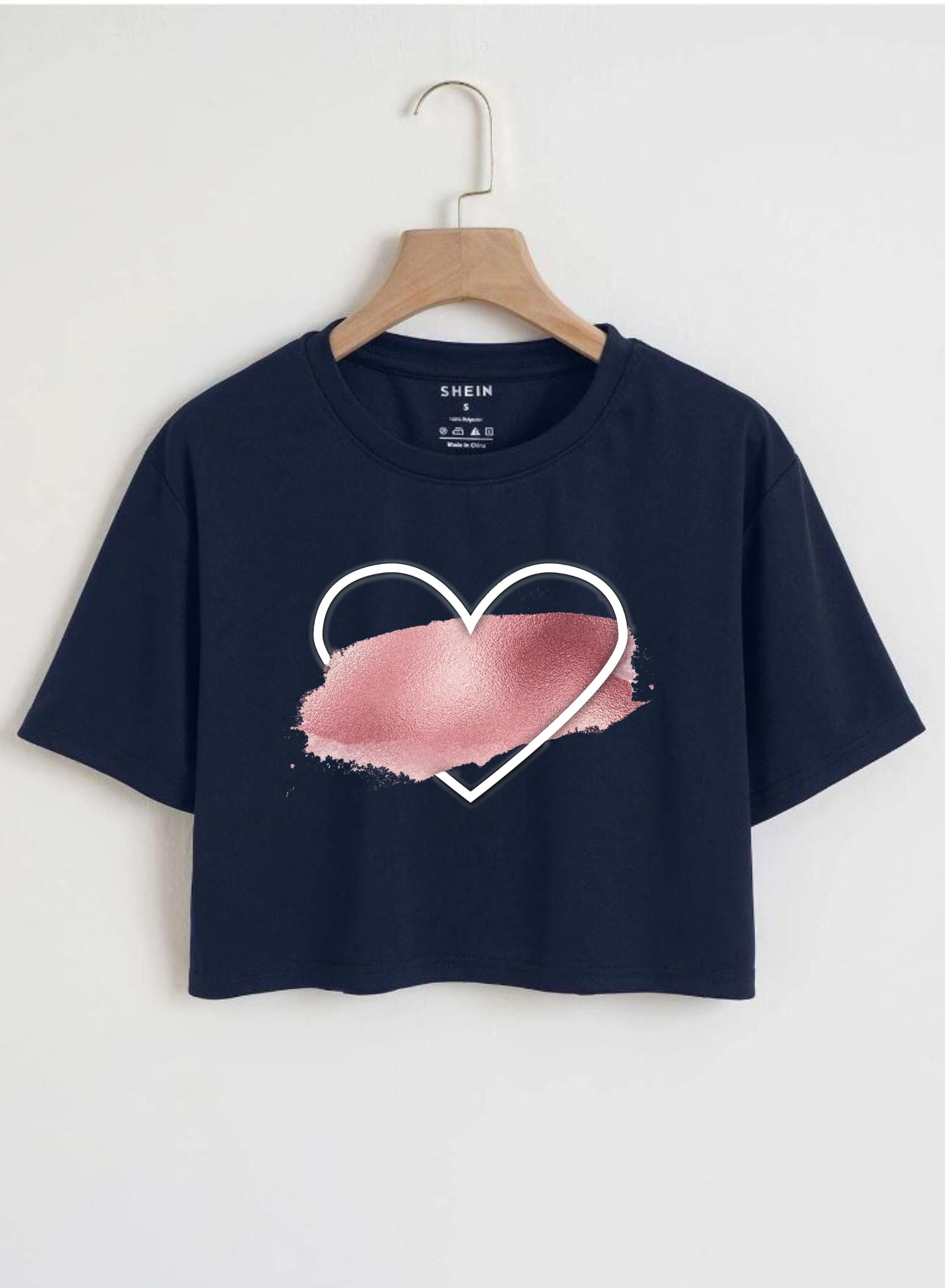 Unique Heart Printed Crop Top Round Neck Half Sleeves Casual Cotton Crop Top T Shirt For Girls Women And Ladies