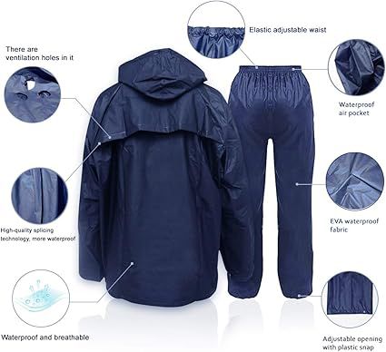 Rain Suit Set For Men Waterproof Polyester Fabric Lightweight Hooded Style Black Color