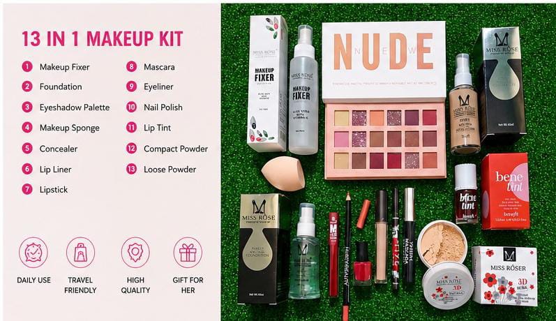 13 in 1 Makeup Kit for Girls & Women | Complete Makeup Set with Foundation, Primer, Concealer, Eyeshadow Palette, Compact Powder, Lipstick, Mascara & Makeup Fixer