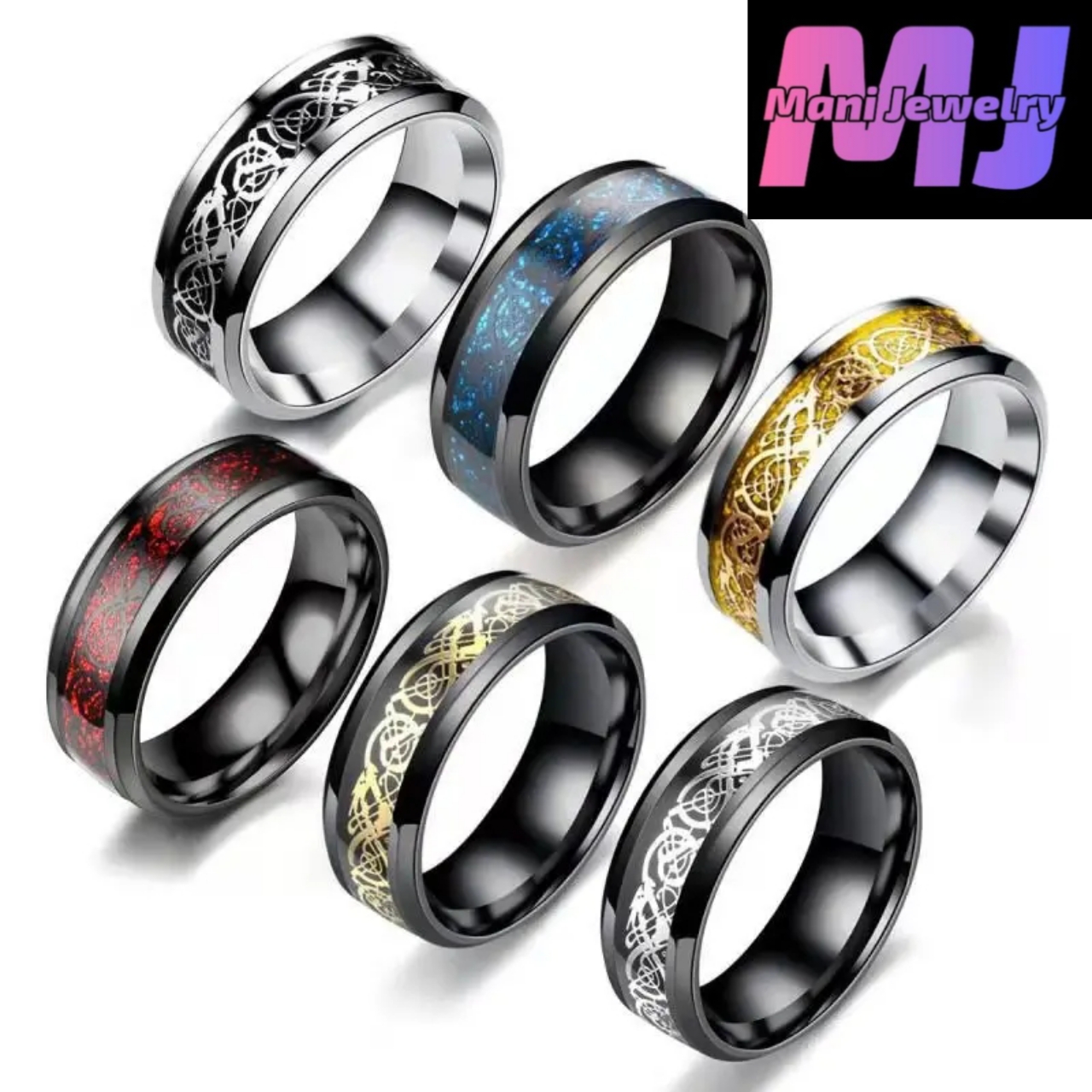 Mani Jewelry 8MM Black Mens Womens Tungsten Carbide Engagement Wedding Ring With Red Blue BLack Gold Dragon Inlay Superior Gift Jewelry