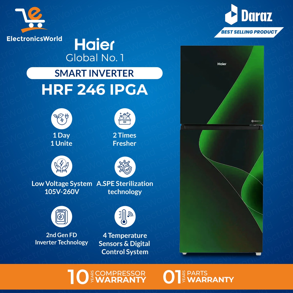 Haier Refrigerator 1 Touch Control | Model HRF-246 | IPGA/IPRA | Smart Inverter | 9 Cubic Feet (Size 246 Liters) | Turbo Fan Technology | 10 Years Compressor Warranty