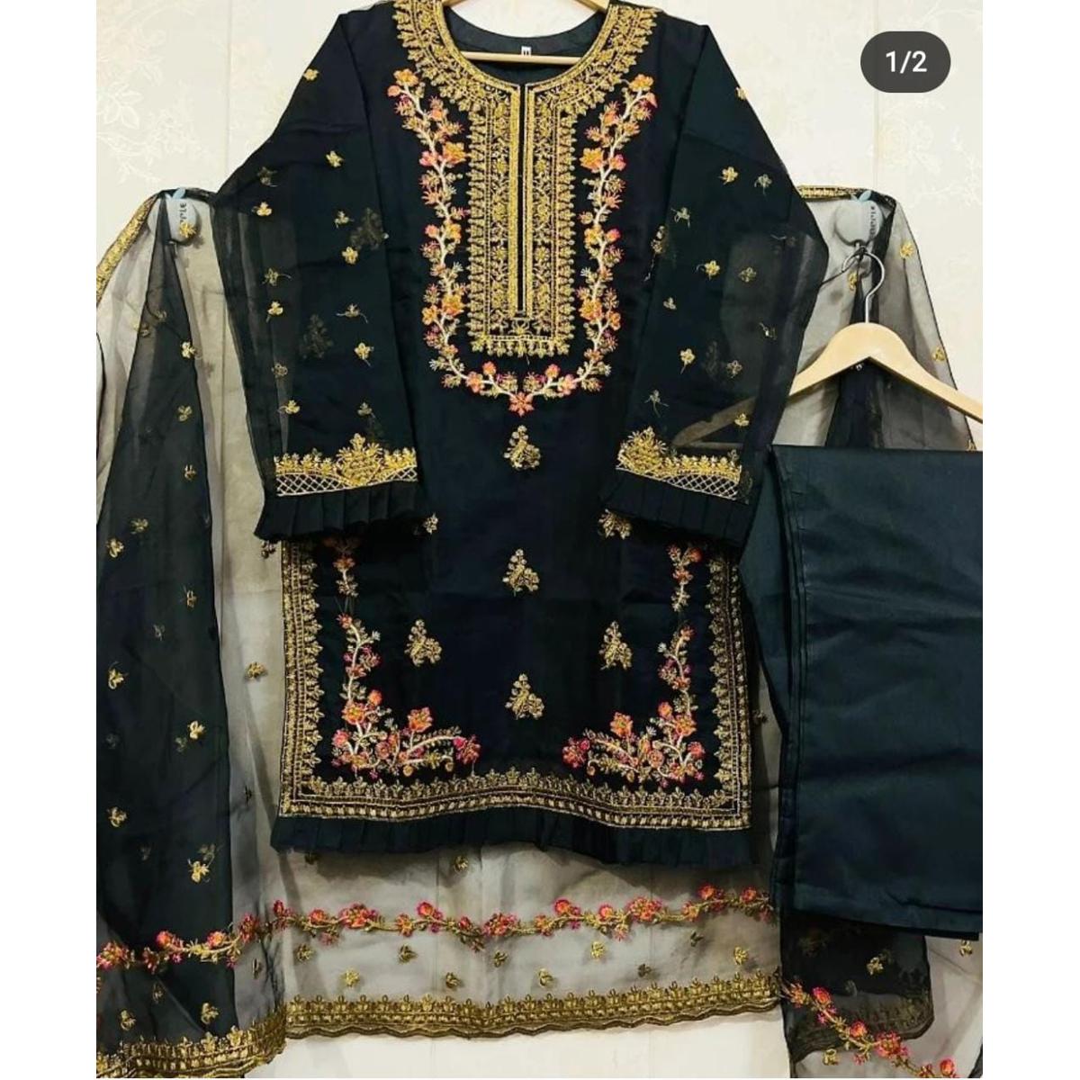 Stylish Stone Embroidered Organza 3 Piece Suit for Women with Dupatta & Trouser - Fancy Wedding Dresses for Women