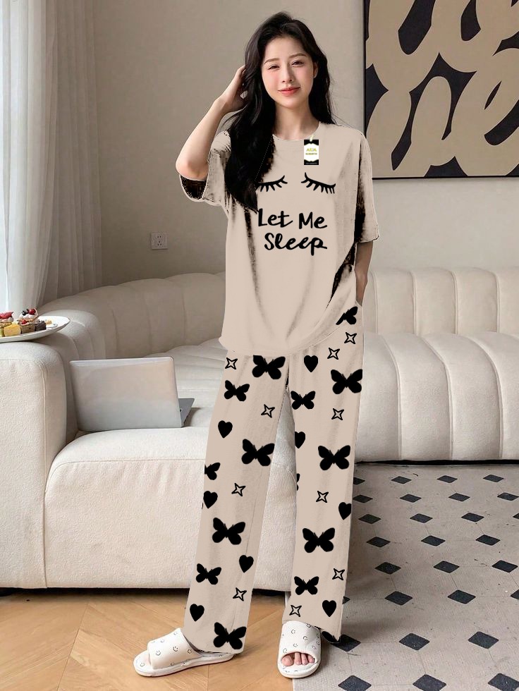 Let Me Sleep Printed Nightwear Set With Star Butterfly Printed Trousers – Women's Lounge Wear (010)