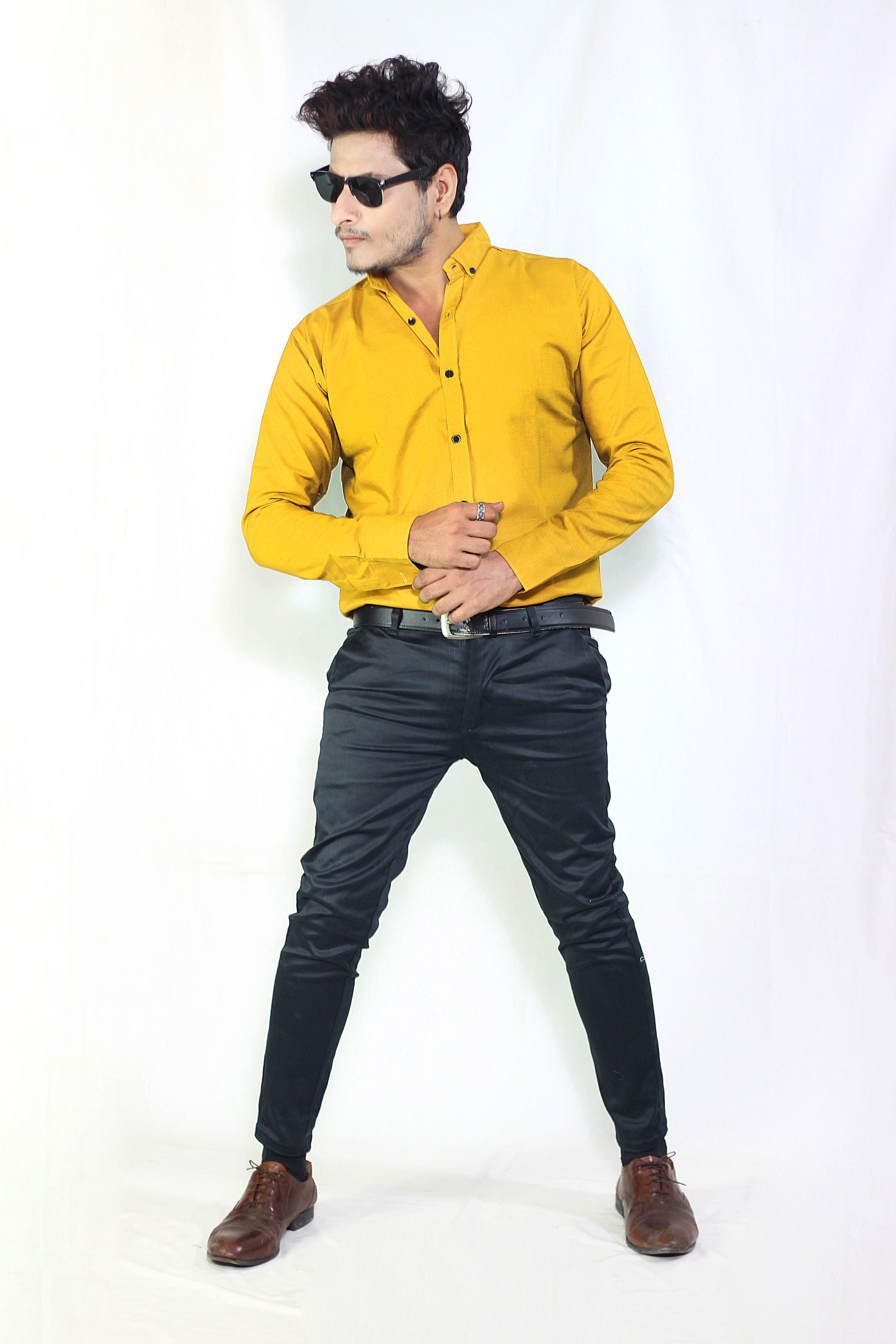 Auditors®️ Mens Semi-Formal Plain Cotton Chambray Shirt Mustard Colour 100% Pure Cotton Chambray Fabric - Code AMS-162