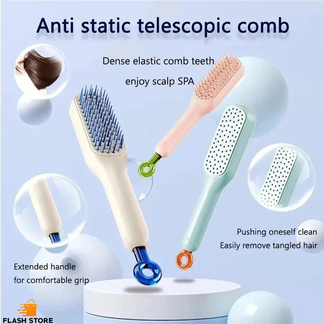 Self Cleaning Hair Brush – Retractable One-Pull Clean Massage Comb | Anti-Static Detangling Hair Brush with Easy Hair Removal Bristles | Hair Styling & Scalp Massage Tool for Women & Men