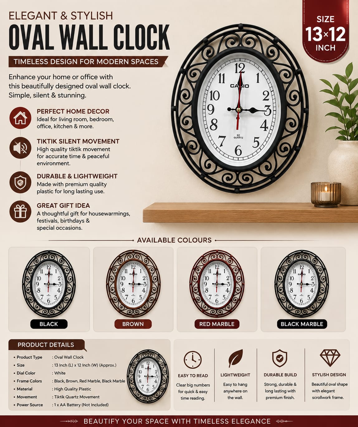 Elegant Oval Design Decorative Wall Clock with Curved Glass and Plastic Frame - Home Decoration Clock
