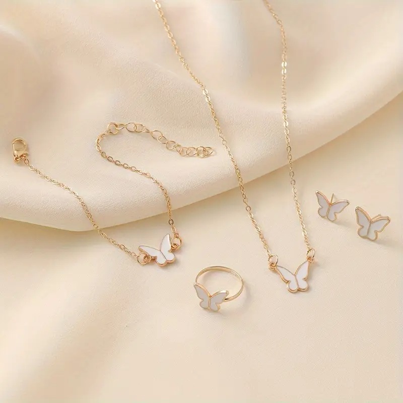 1Set Fashion Exquisite Simple Versatile Butterfly Necklace Bracelet Earrings Ring For Women Girls Wedding Party Jewelry Set