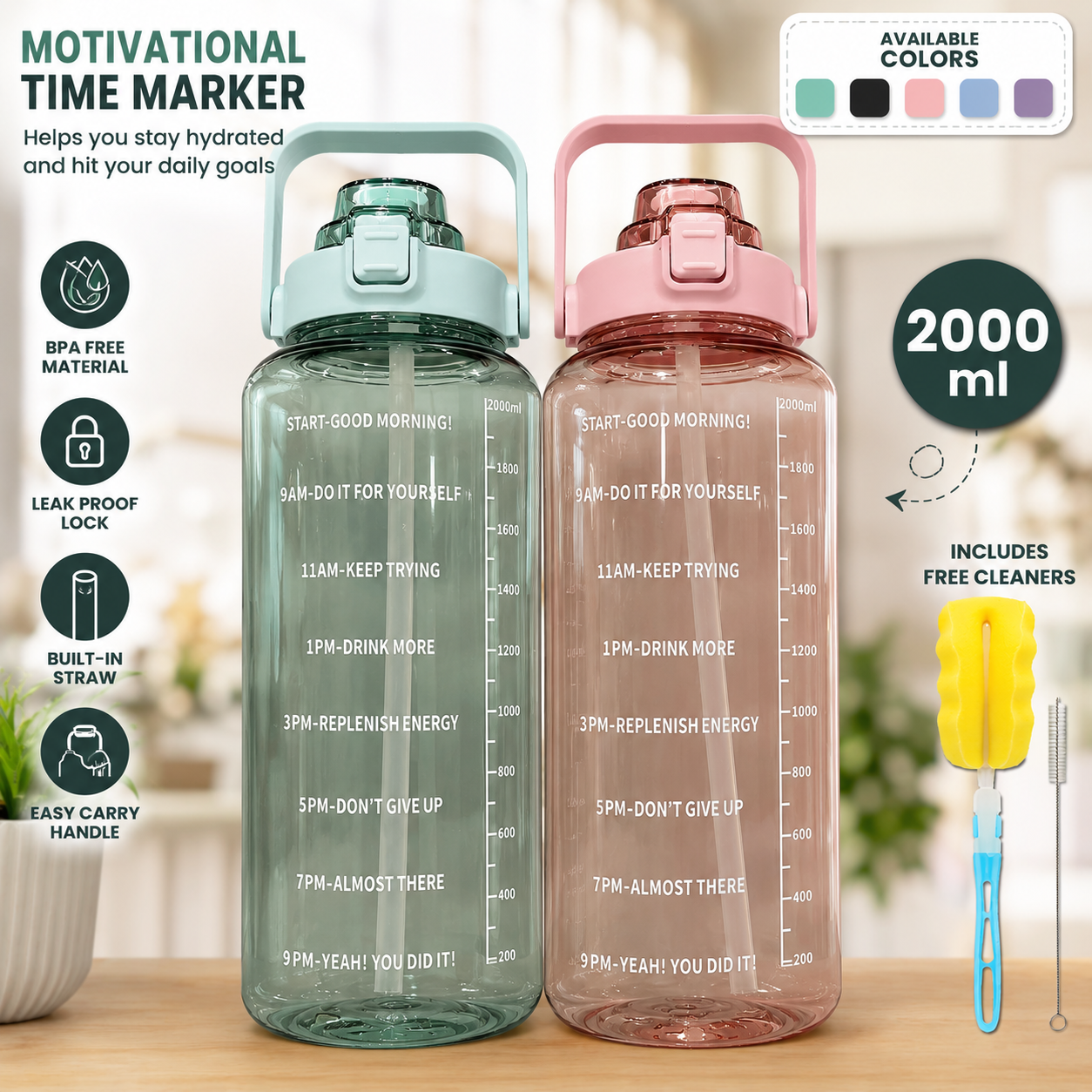 2000ML Motivational Transparent Drinking Water Bottle with Straw – Large Capacity Leakproof, BPA-Free Hydration Bottle with Time Markers, Ideal for Fitness, Gym, Yoga, Outdoor Activities