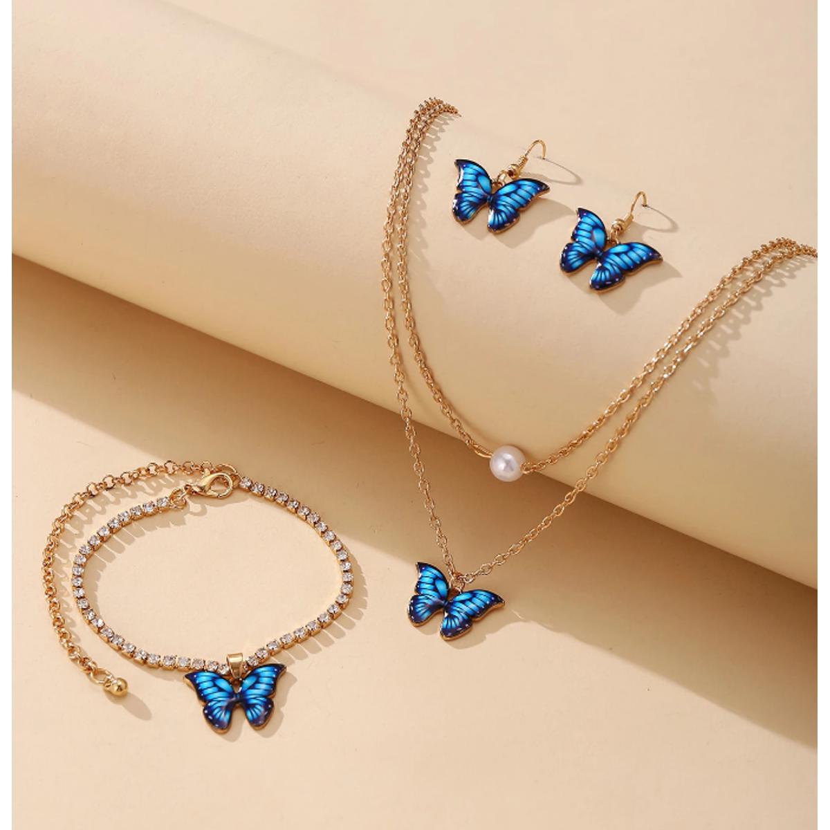 4pcs Jewelry Set Butterfly Pendant Necklace, Pair of Earrings and Bracelet for Girls Fashion Jewelry Gift Set Earrings Necklace Bracelet