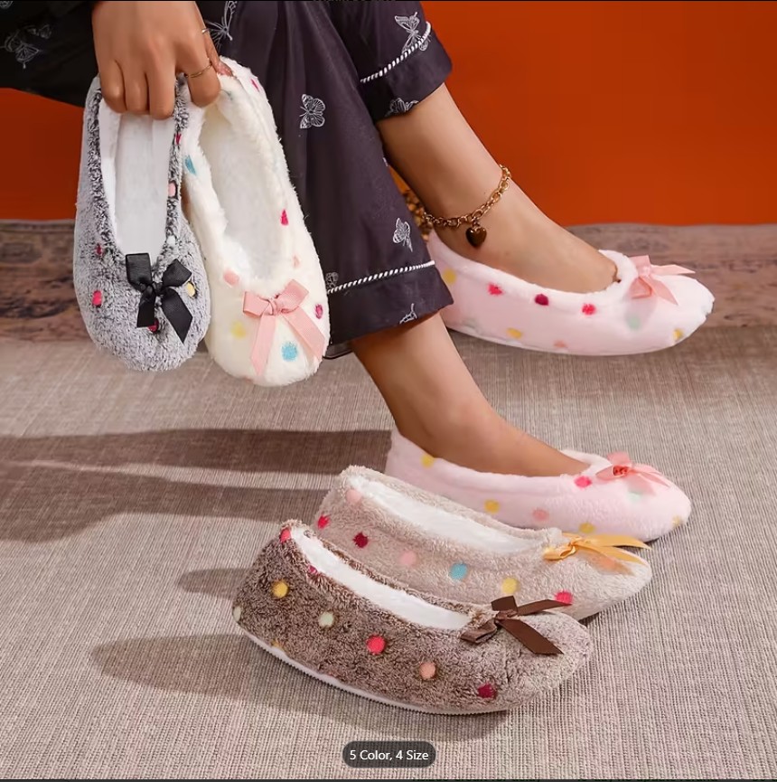 Cozy Women’s Slip-On Plush Shoes – Soft Fleece Lined Indoor Yoga Slippers with Bowknot & Non-Slip TPR Sole | All-Season Comfort (Random Color & Design)