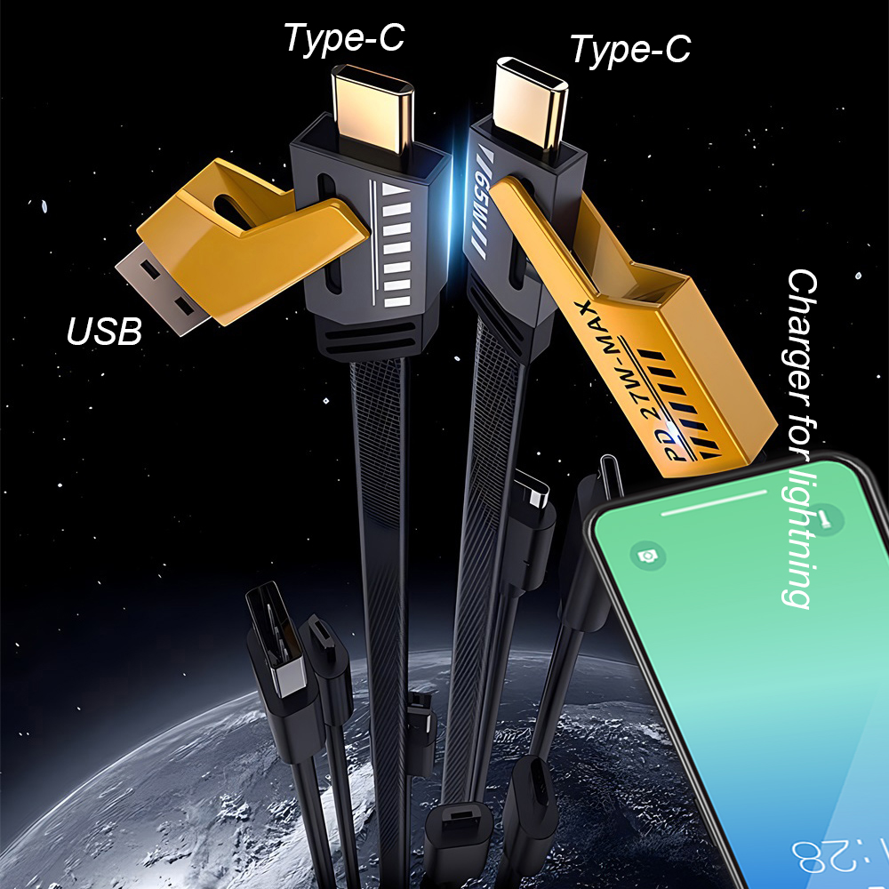 4 in 1 USB C Fast Charging Cable with 60W PD, Data Transfer, Type C, Micro USB and IOS Light-ning Compatibility, 1 Meter