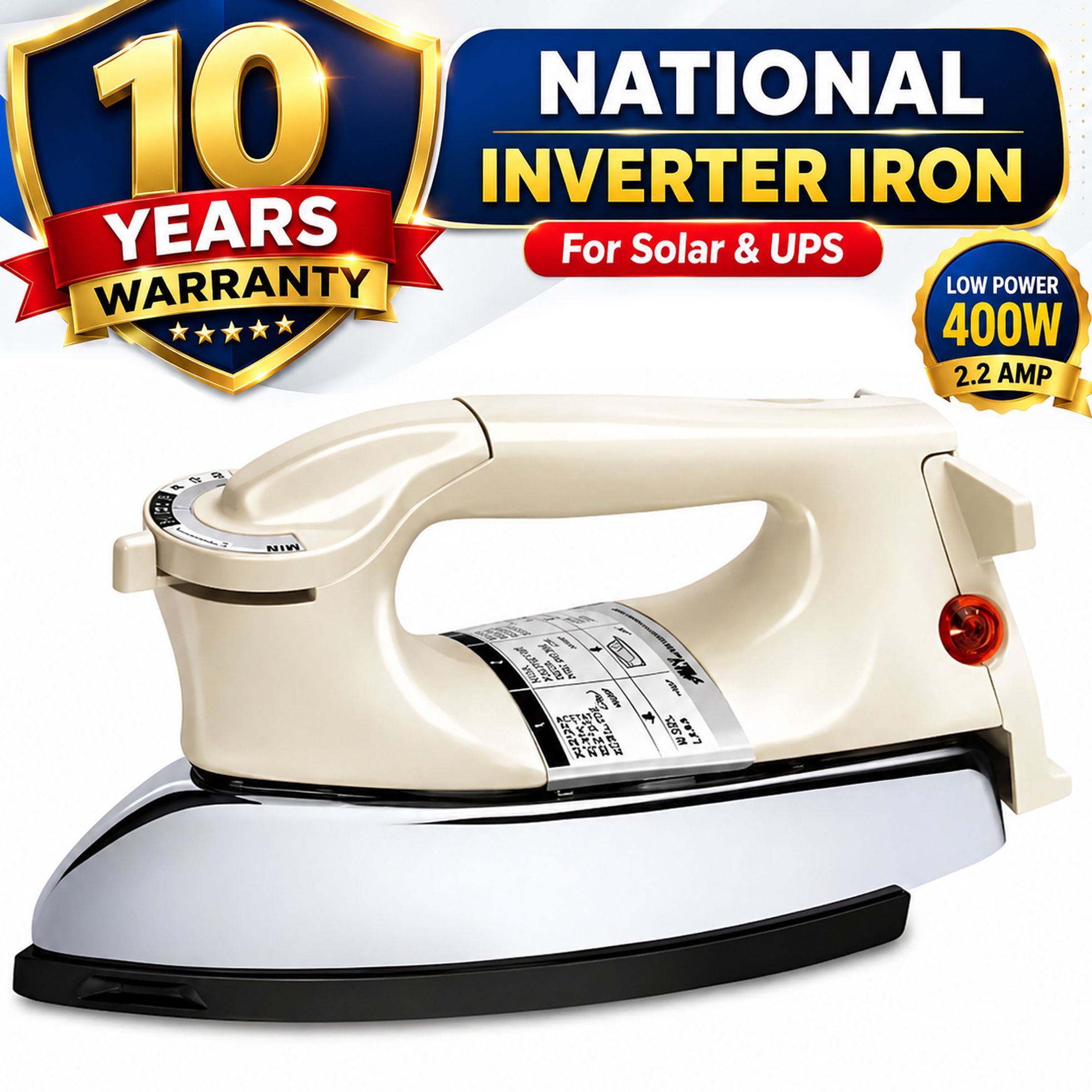 Inverter iron 400 watt 2.2amp energy consumption, 10 year warranty, heavy weight dry iron