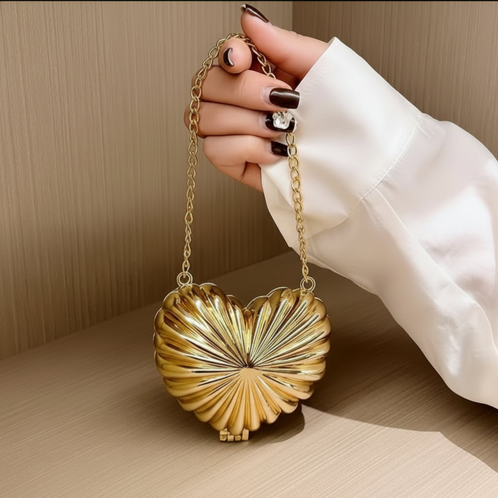 Most Trendy Mini heart clutch Metallic / Acrylic Clutch With Long Chain For Women & Girls