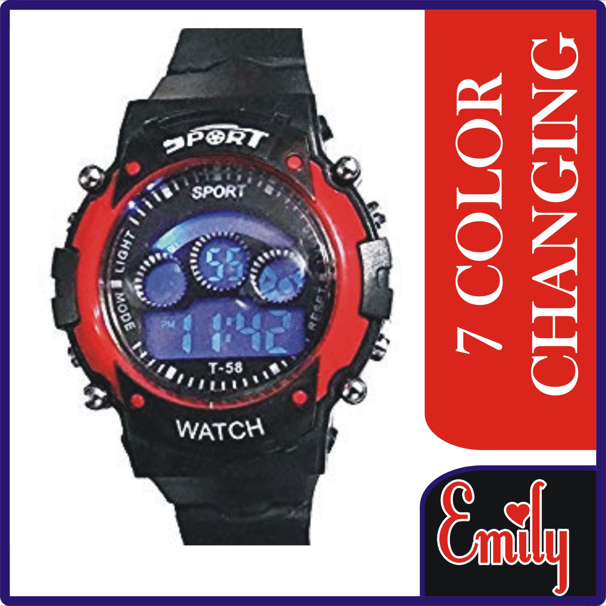 Emily Special 7 Colors Changing Light Sports Watch For Kids and men - Black color watch with multicolor frame lines