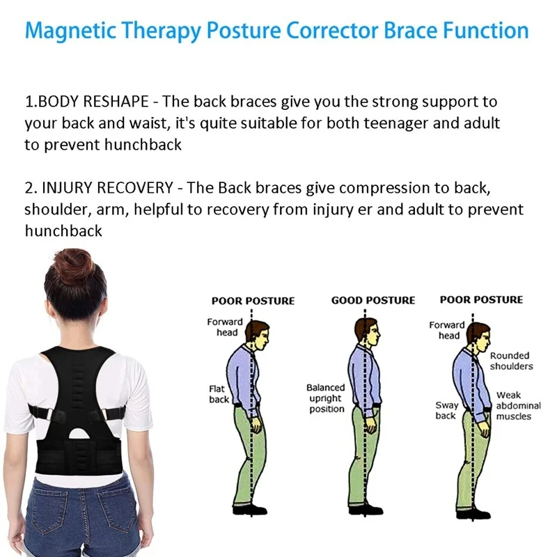 Back Brace Posture Corrector - Magnetic Support for Neck Shoulders and Lower Back Pain Relief - Adjustable Belt Black