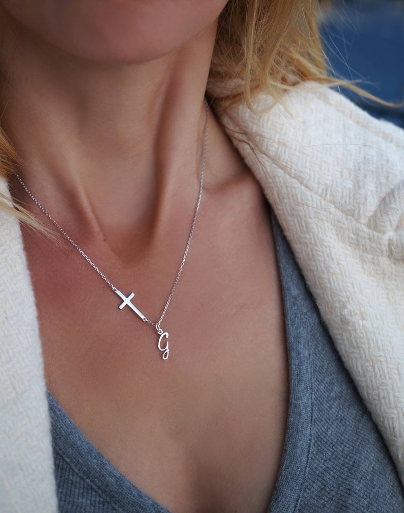 Sideways Cross Necklace With Initial 