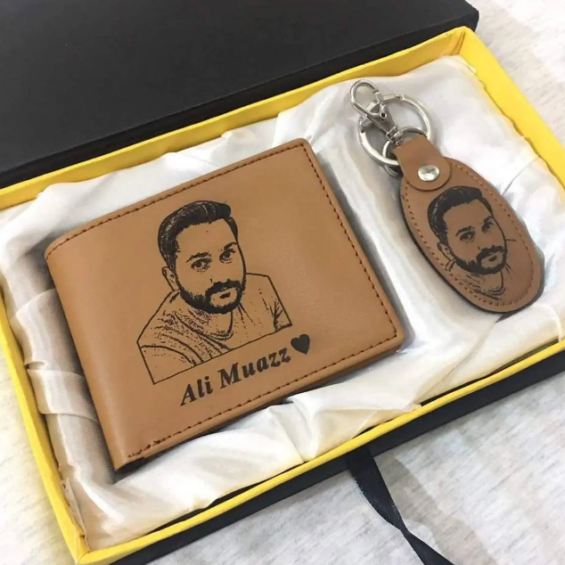 GENUINE QUALITY CUSTOMIZE NAME AND PICTURE ENGRAVED WALLET AND KEYCHAIN WITH BOX PACKING