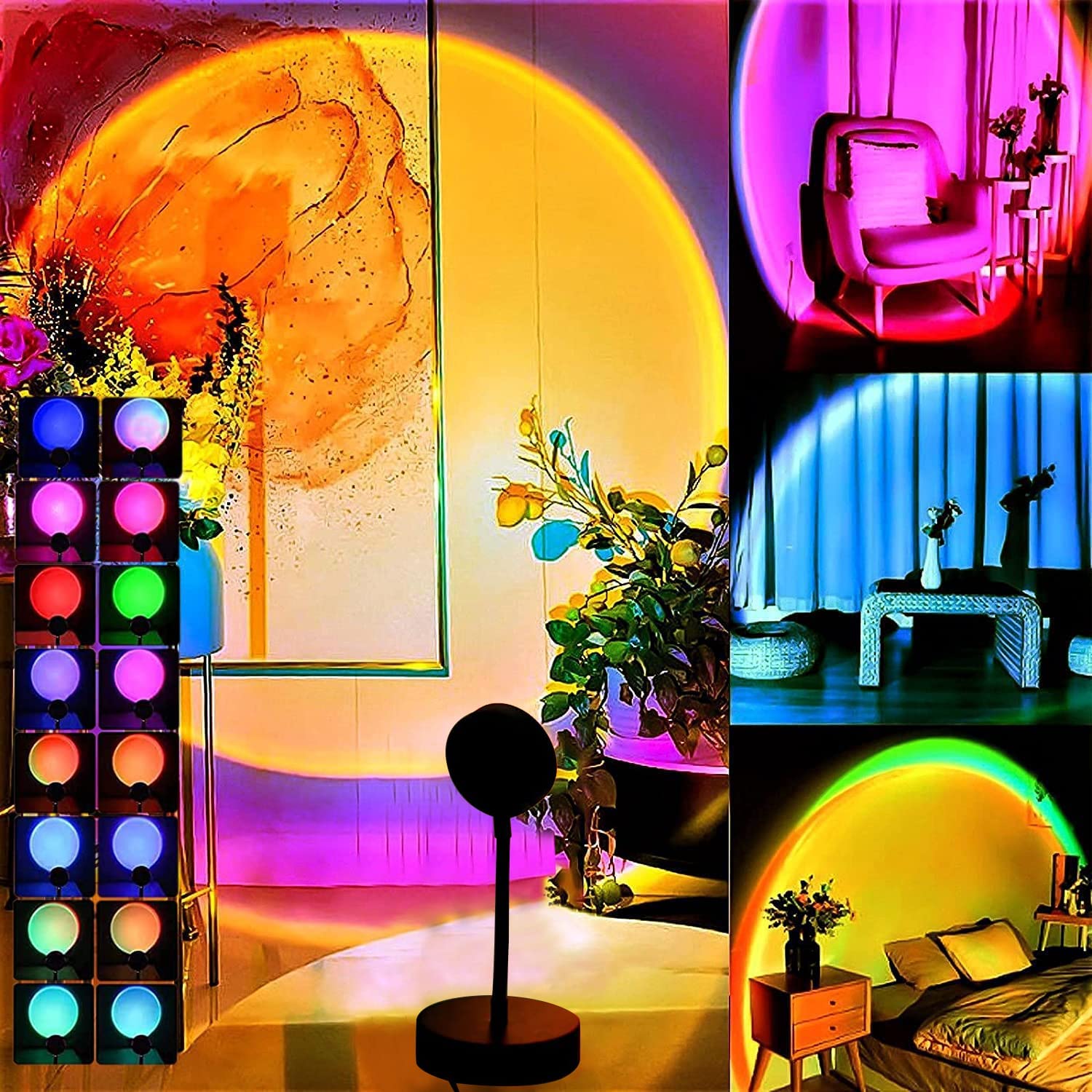 Sunset Lamp Projector 16 Colors RGB With Remote Control LED Night Light Lamp With Stand - Mobile Photography Backgrounds Sunlight Lamp Accessories Kit - Rainbow Lighting Modes USB Powered - Table Lamp For Bed Room Side Table Night Lamp For Photoshoot