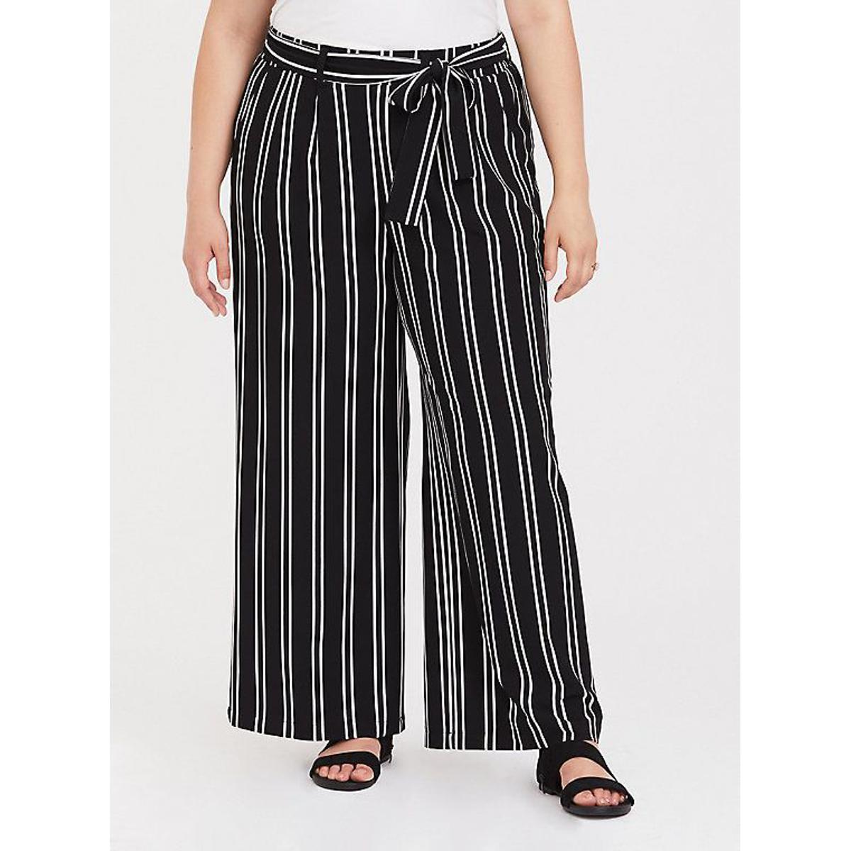 Black and white striped wide leg trousers, fashion thin capri pants