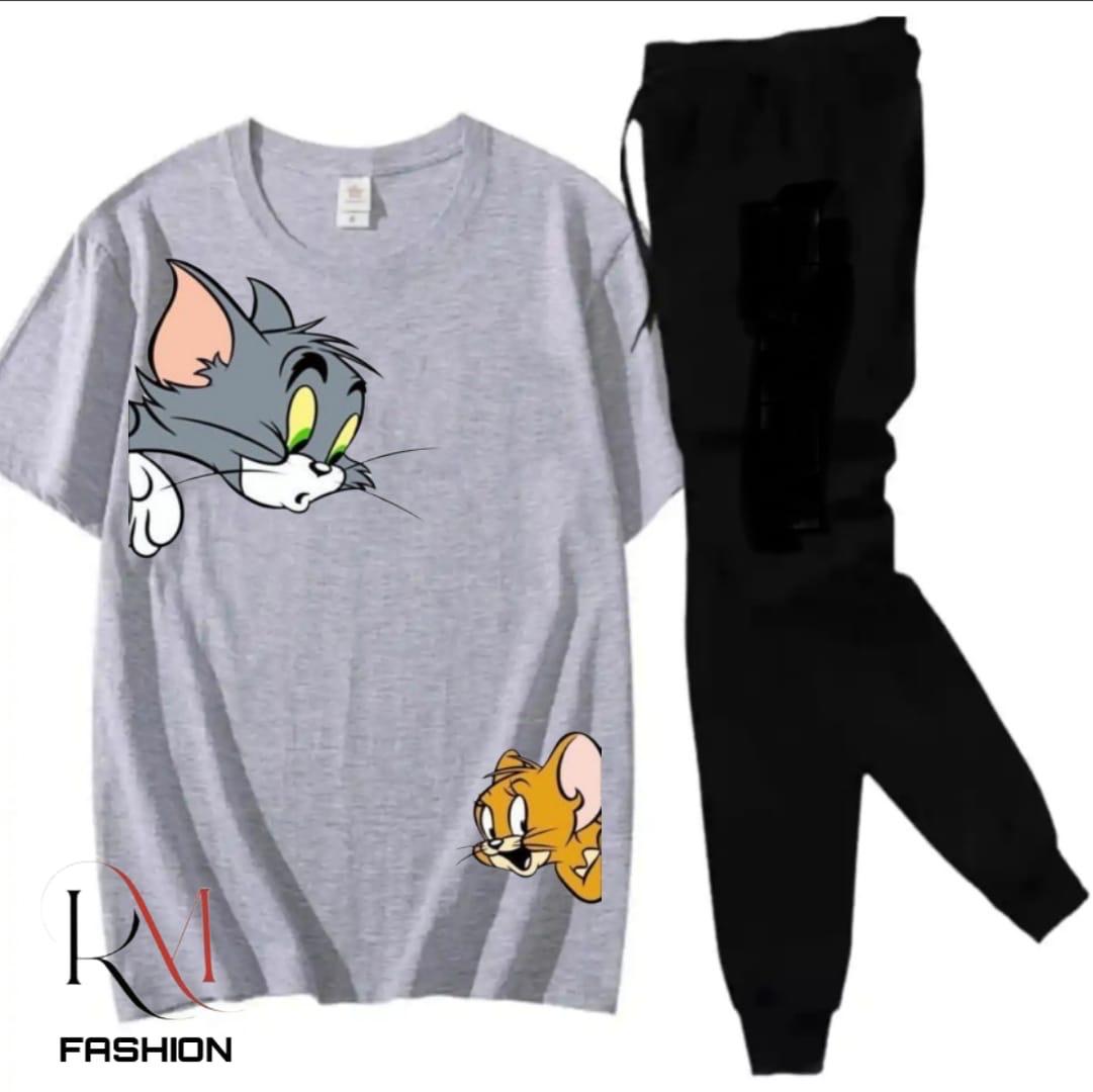 Tracksuit Cotton Fabric T-Shirt & Trouser Set for Summer Elegant Suits Gym Tom And Jerry Printed Track Suit T shirts Pajama Casual Wear for Men And Boys