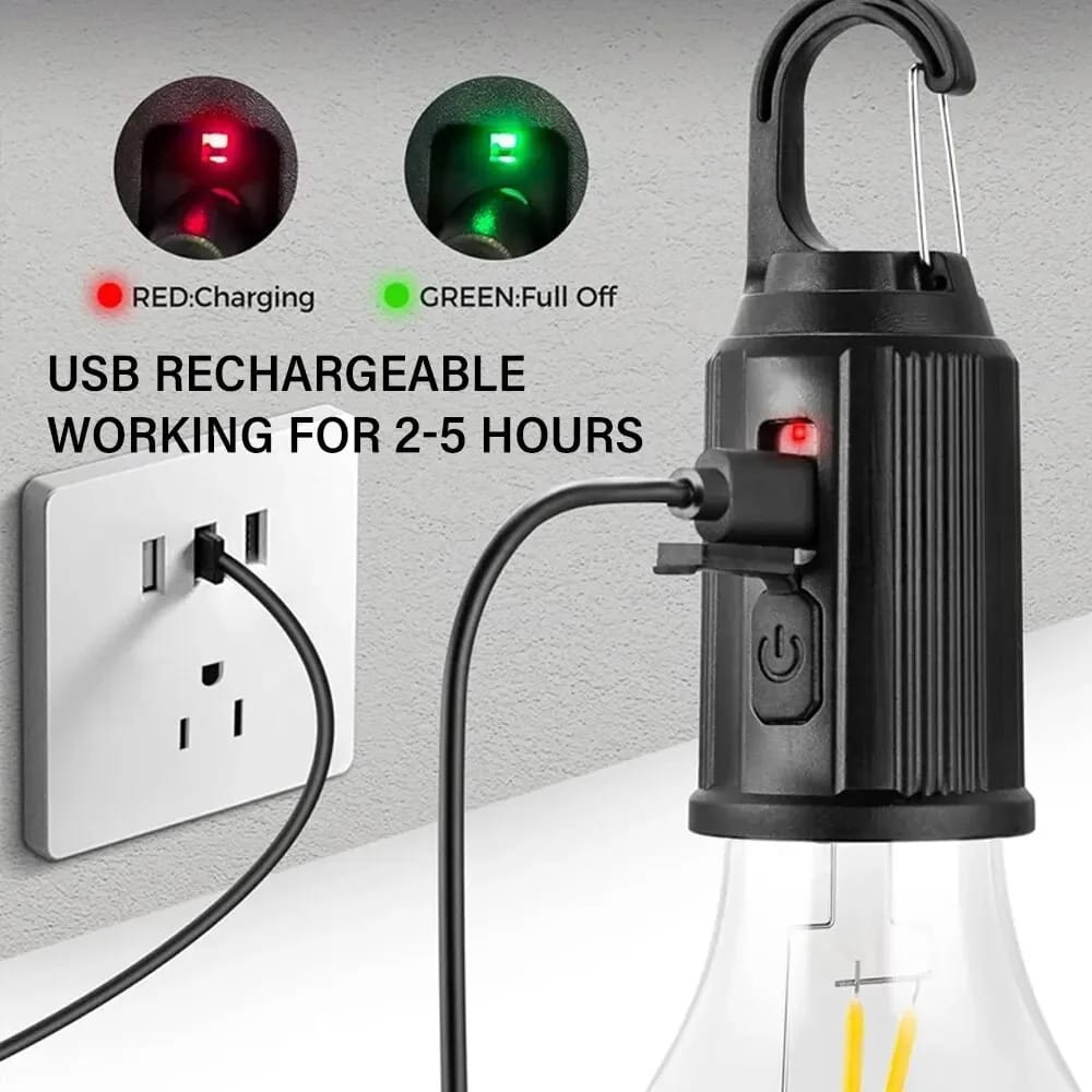Portable LED Camping Lamp with Hook – USB Rechargeable Warm Light Emergency Bulb for Outdoor, Hiking & Home Backup