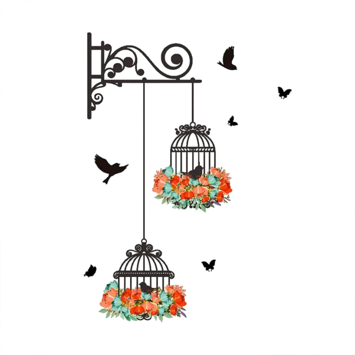 Colorful Flower birdcage flying birds wall sticker Creative home decor living room Decals wallpaper bedroom nursery window decor