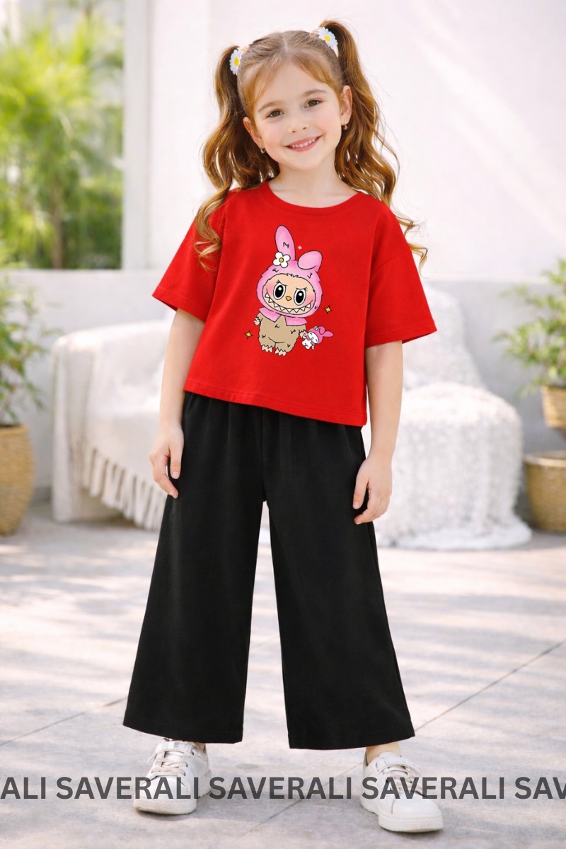 Eid Collection Kids Girls Labubu Printed T-Shirt & Flapper Suit | Soft Cotton | Cute & Comfortable | Ages 3–10 Years