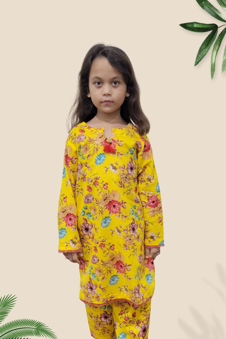 2 Pcs Girls Printed Suit  Stitching Cotton