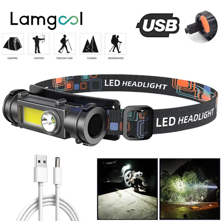 COB LED Headlamp Fishing Light Headlight USB Rechargeable Flash Light Dual  Light Source Adjustable Camping Lamp