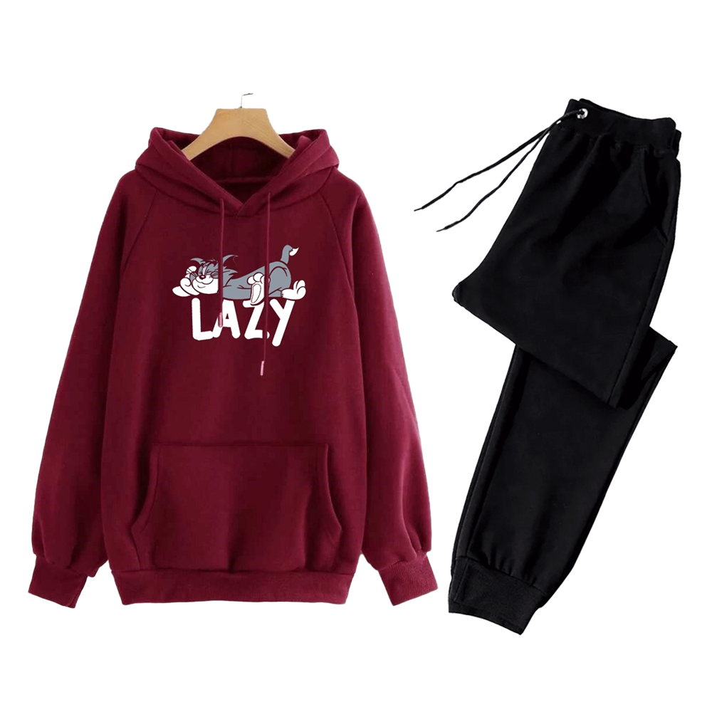 Lazy Cartoon Printed Fleece Winter Tracksuit Hoodie and Trouser For Women and girls