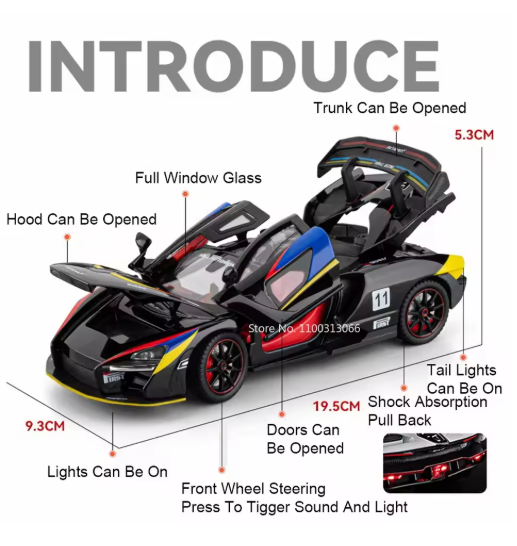 1:24 McLaren Senna Alloy Diecast Model – Metal Body, Light & Sound, Pull Back, Openable Doors, Hypercar Toy view 8