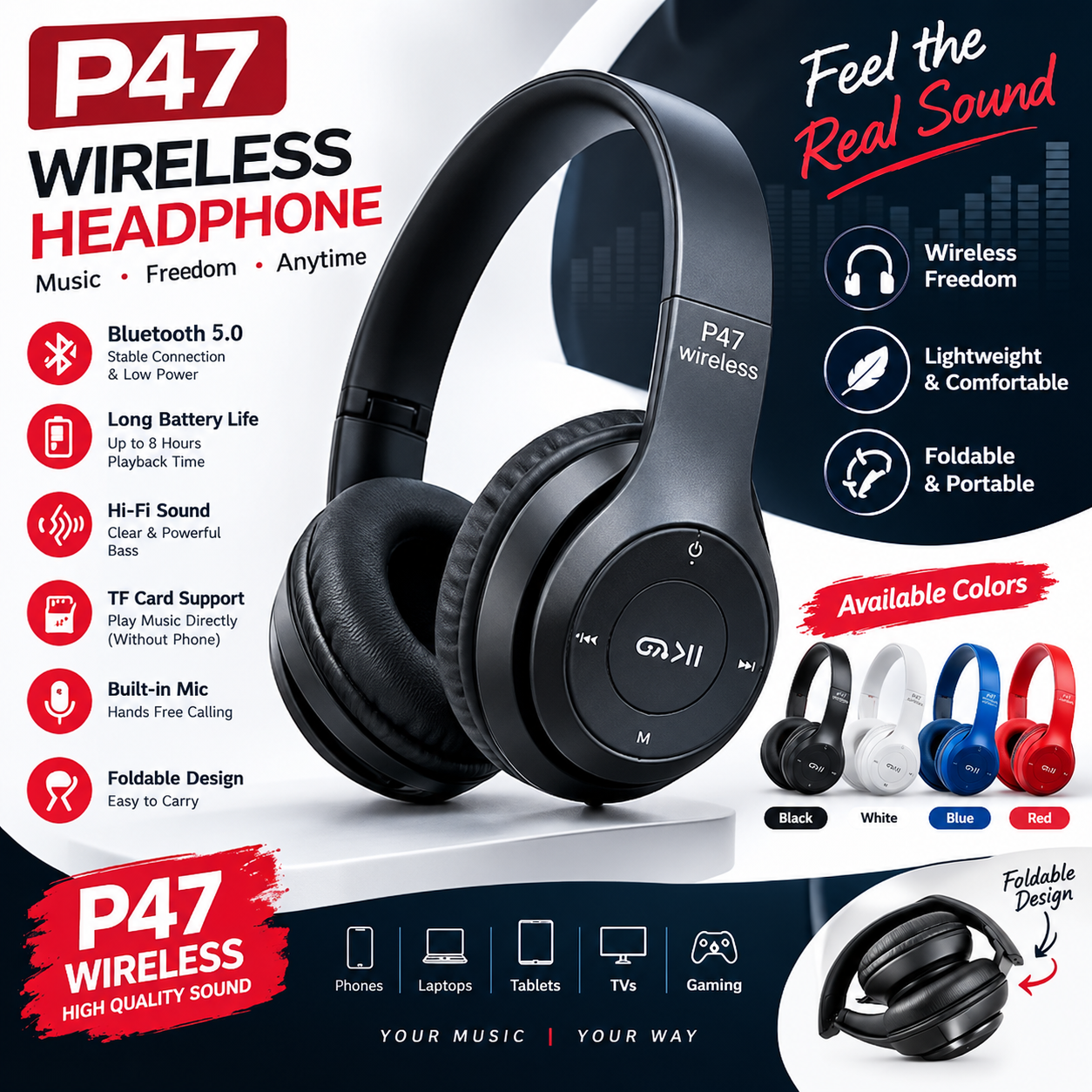 101% Original P47 Wireless Headphones Bluetooth Stereo Head phones Foldable Headset with Mic Wireless Built-in Mic