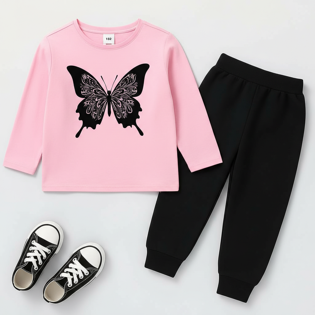 Summer Butterfly Print Kids Tracksuit – Full Sleeve Top & Trouser Set