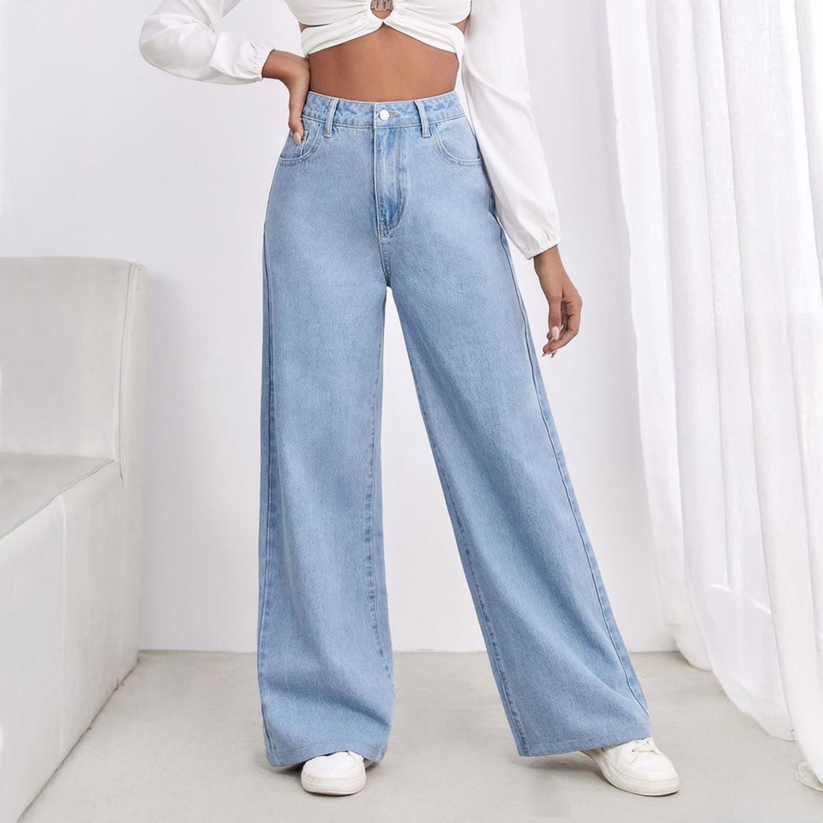 Finest Blue High Waist Wide Leg Denim Jeans for Women and Girls - Trendy, Comfortable, and Stylish