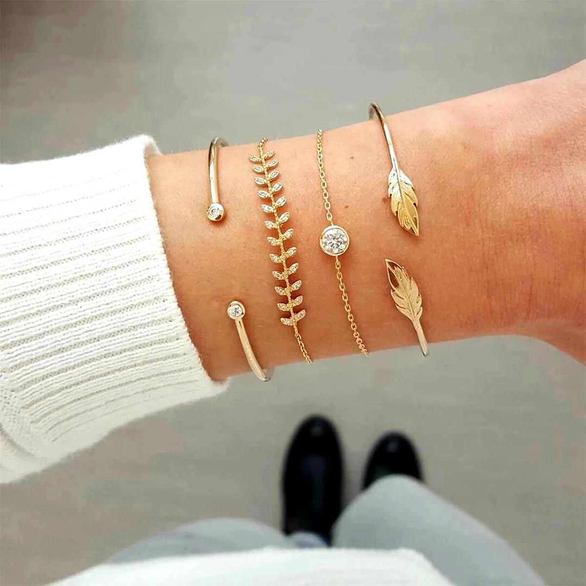 4Pcs/Set Geometric Crystal Charm Bracelet For Women - Leaf Bangles Set Simple Wrist Chain Lady Vintage Gold Alloy Bracelet