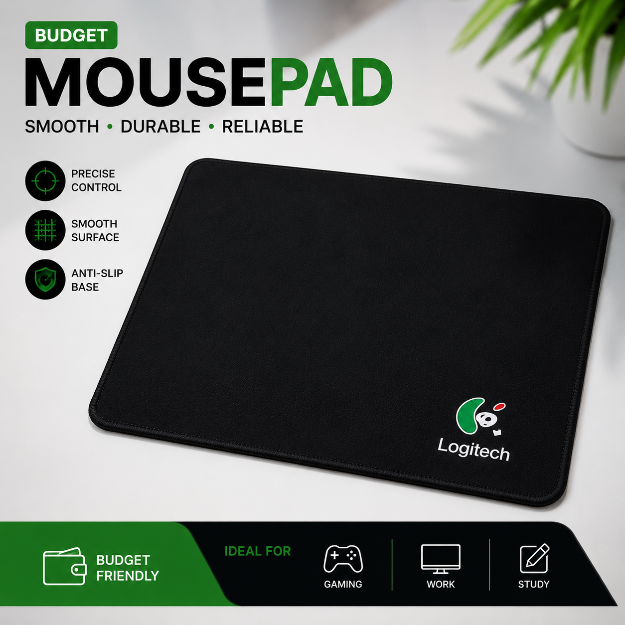 Black Mousepad for Laptop & Computer | Non-Slip Rubber Base | Smooth Surface for Gaming & Office Use