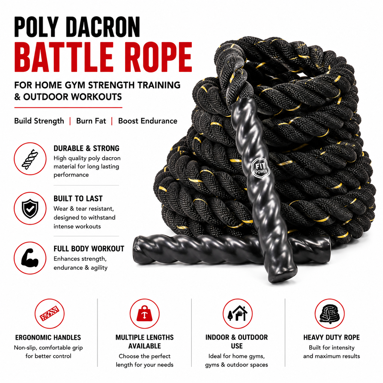 Poly Dacron Battle Rope for Home Gym Strength Training & Outdoor Workouts - Battle Exercise Training Rope