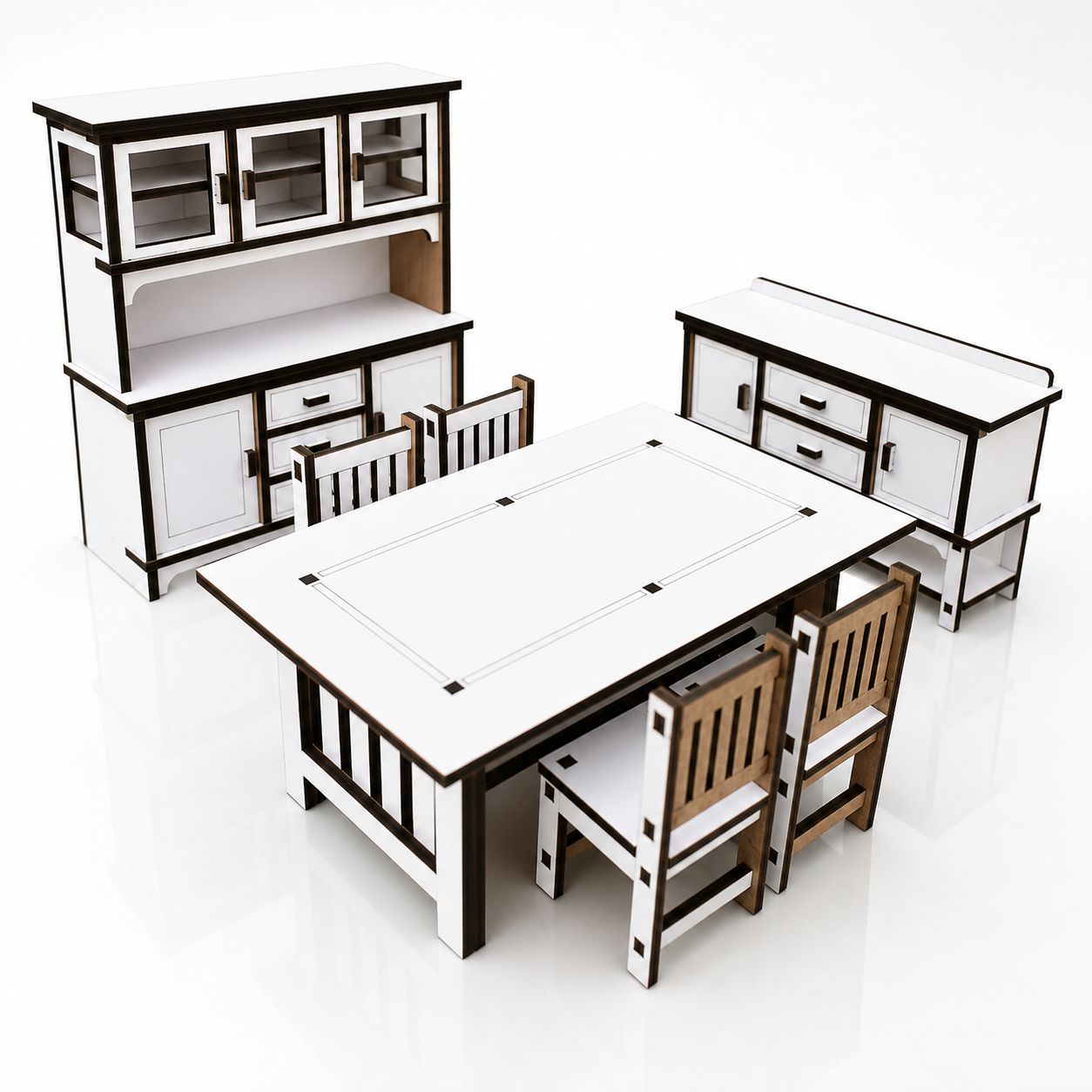 Miniature Wooden Dollhouse Furniture Dining Table Set with Chairs & Kitchen Cabinet | Handmade Mini Home Furniture | Decorative Doll House Furniture for Kids & Home Décor